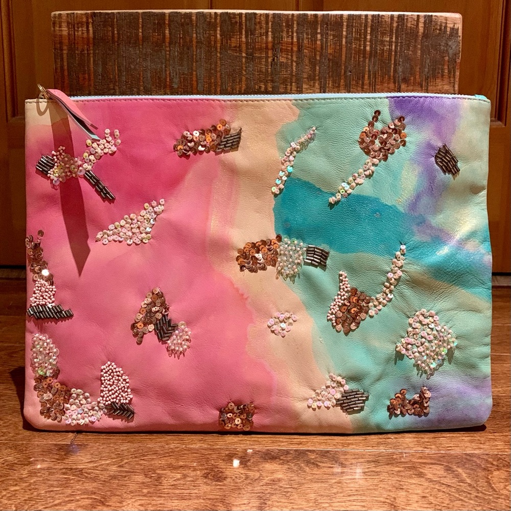 Watercolour leather beaded clutch from Anthro